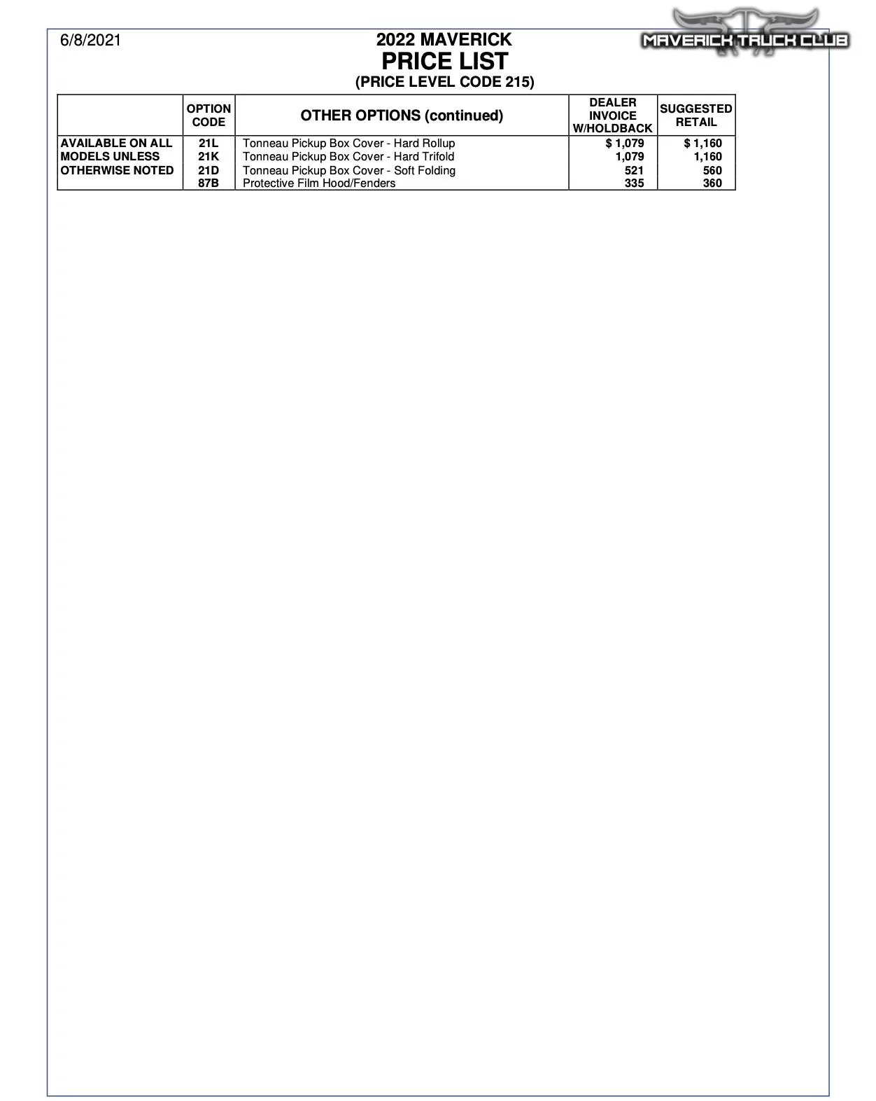 Ford Maverick 2022 Maverick PRICE LIST! [MSRP / Invoice] - including packages, options, accessories 2022 Maverick Price List 2