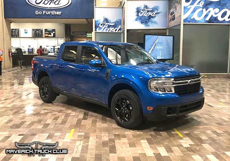 Ford Maverick First Real Life Pics of Velocity Blue Maverick XLT and Maverick Lariat FX4 With Black Wheels Velocity Blue 2022 Ford Maverick Lariat FX4 Black Wheels 1