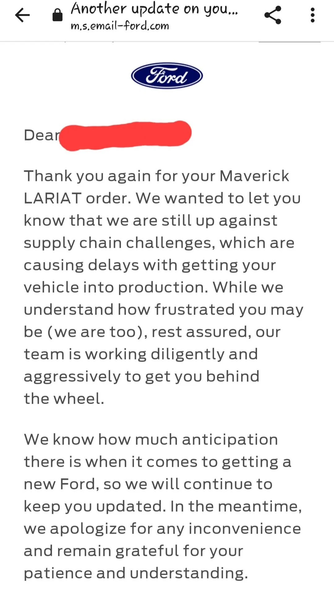 Ford Maverick Newest 45 day email not received 20230511_220814