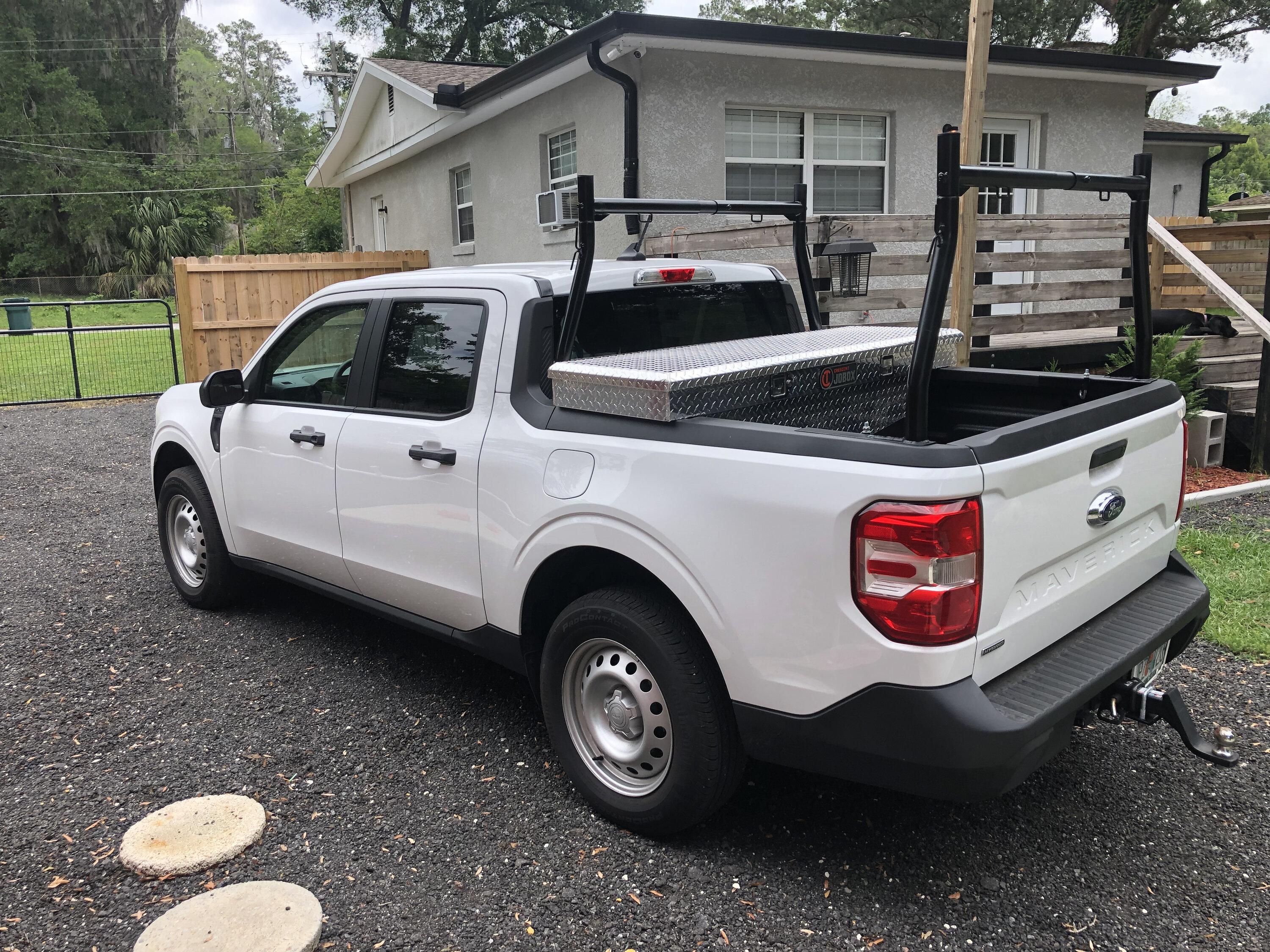Ford Maverick Tool box, bedliner, and ladder / kayak / lumber / whatever customized rack installed 2