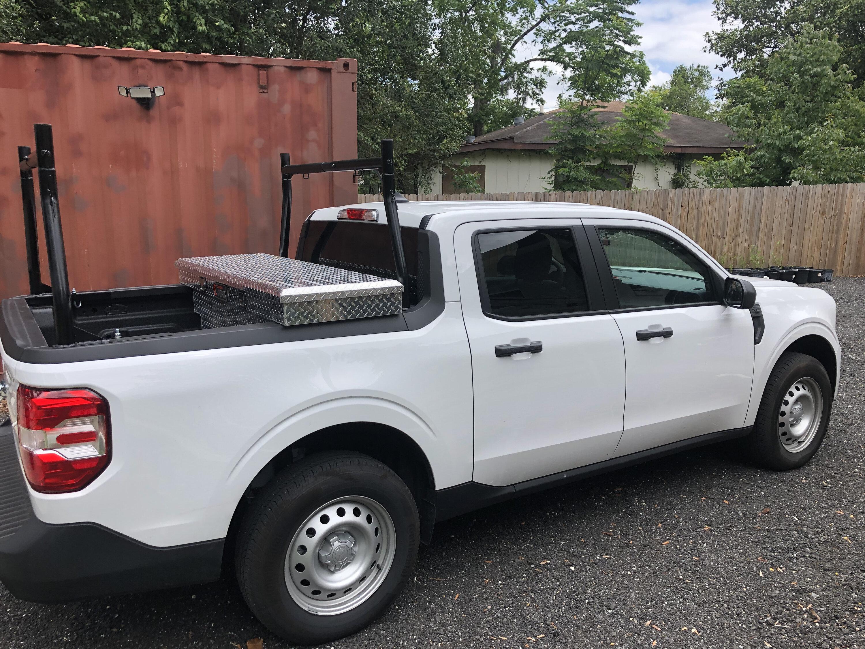 Ford Maverick Tool box, bedliner, and ladder / kayak / lumber / whatever customized rack installed 3
