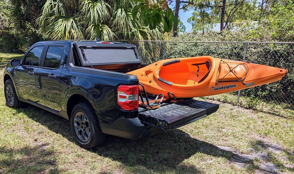 Ford Maverick Ready to go kayaking with custom kayak rack holder in bed Kayak ds