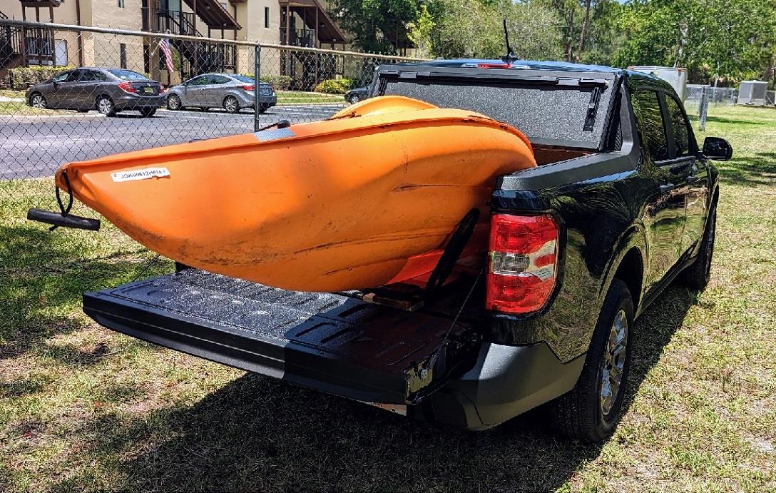 Ford Maverick Ready to go kayaking with custom kayak rack holder in bed kayak ps