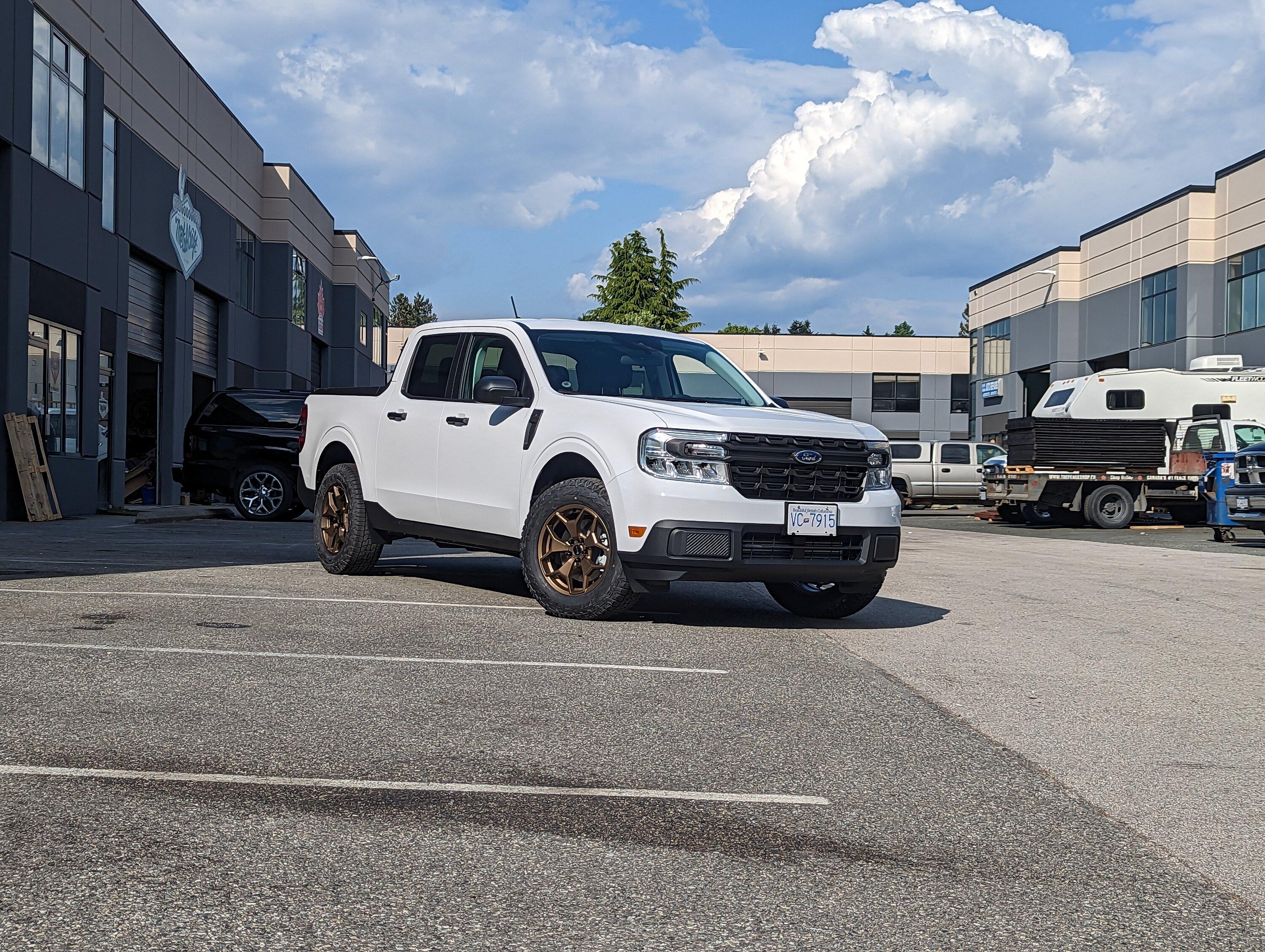 Ford Maverick Bronze painted RTX ranch wheels on Oxford White Maverick PXL_20230526_000728721