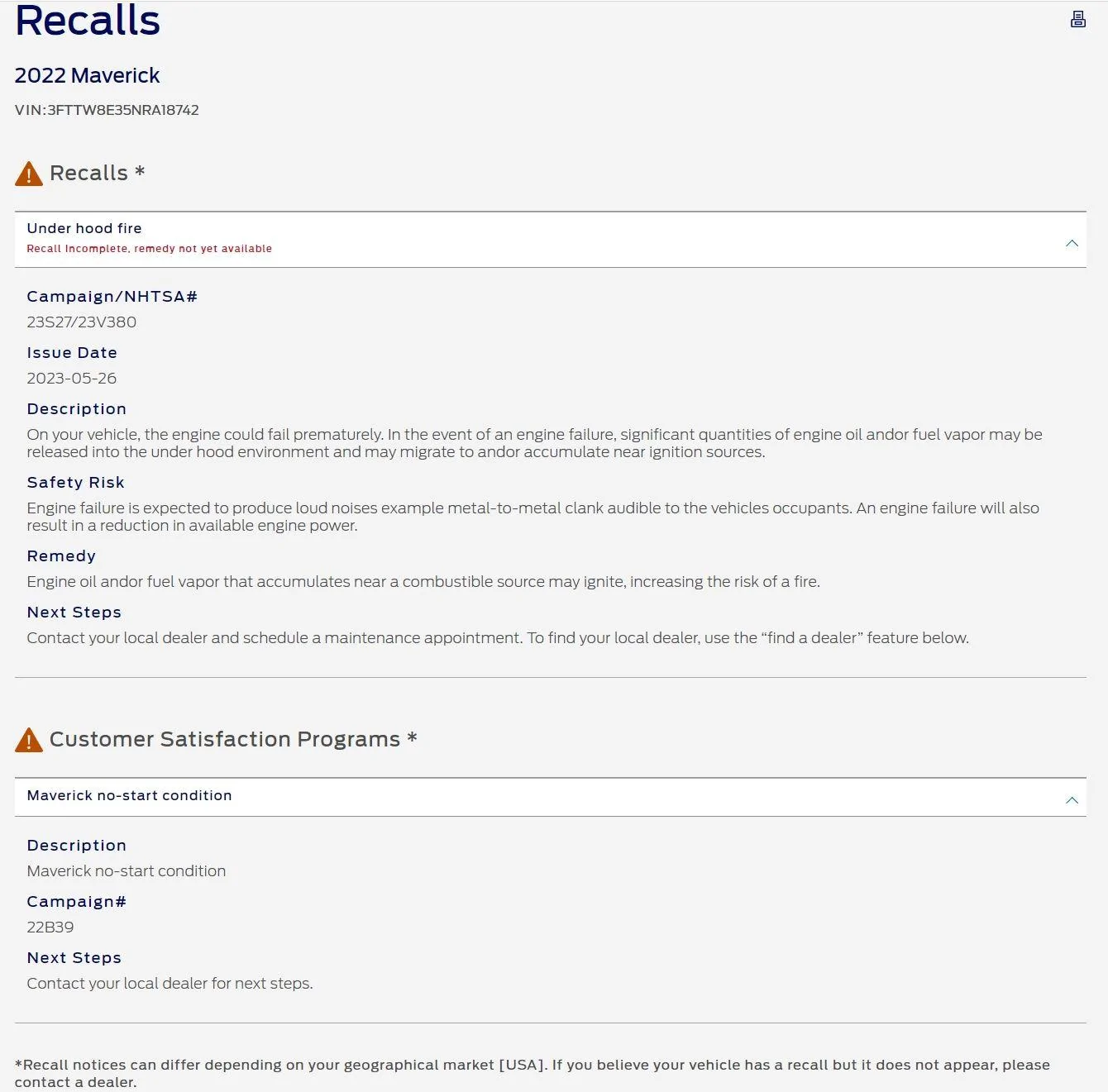 Ford Maverick CSP 22B39: Hybrid Maverick No Start Condition issue affecting 21,513 vehicles (Customer Satisfaction Program / Delivery Hold) Open Recalls 2023-06-09