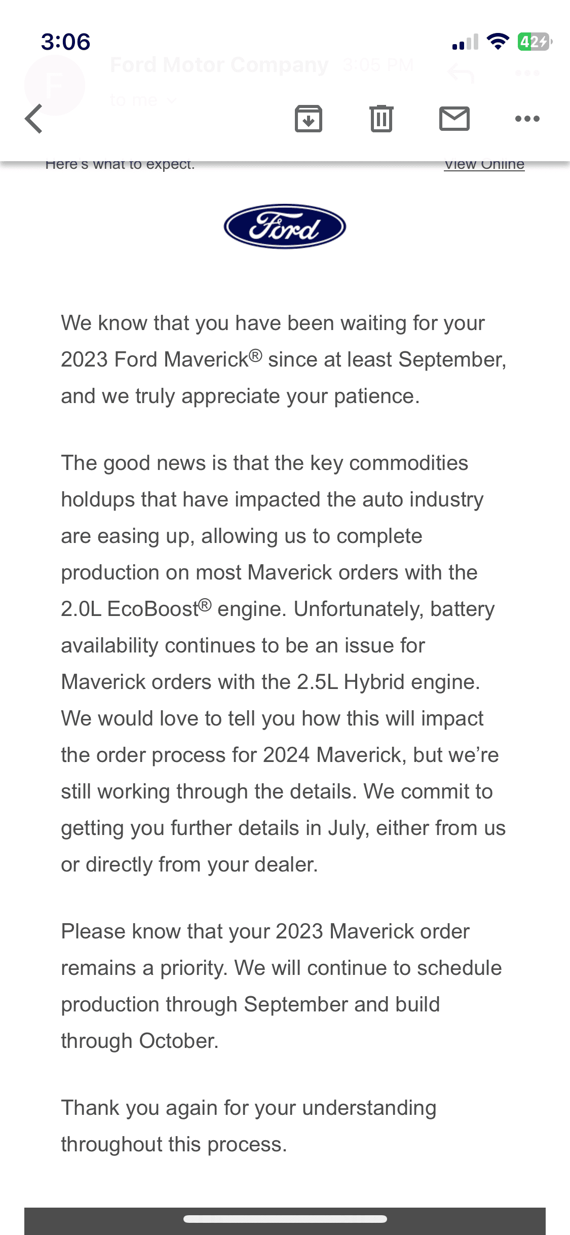 Ford Maverick 🚨 Email Update from Ford -- EcoBoost constraints ease; Hybrid battery availability limited IMG_3470