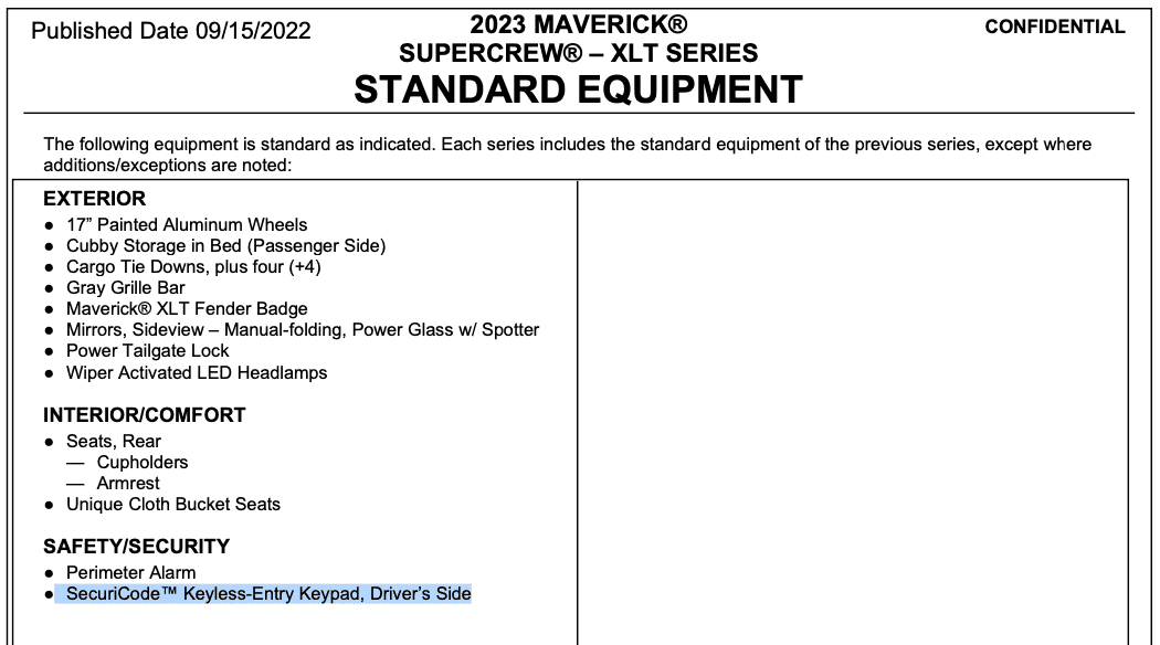Ford Maverick Keyless Entry Keypad Standard on Lariat? 1687541209752
