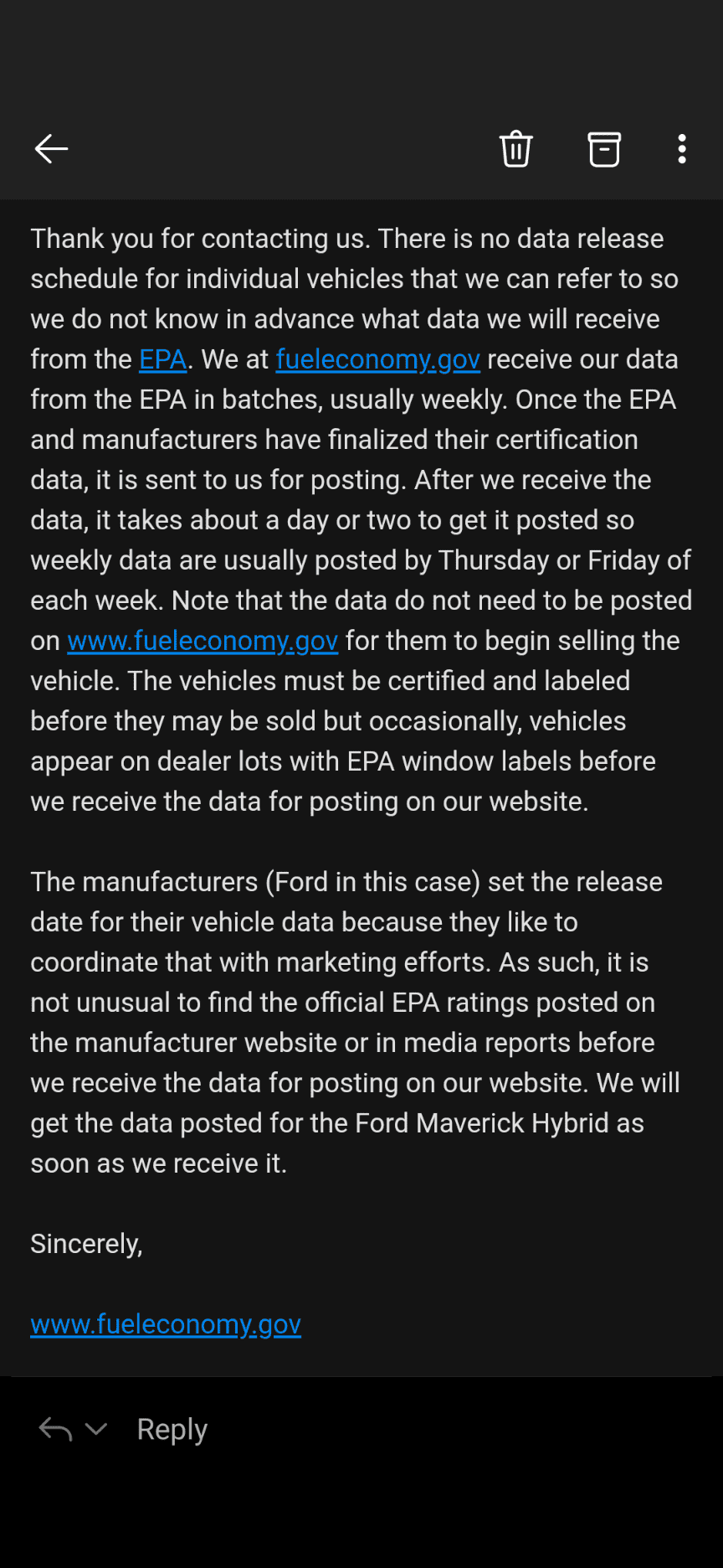 Ford Maverick Response from fuel economy.gov about the email I sent Screenshot_20211011-103422