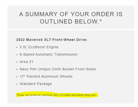 Ford Maverick Confirmed order email is missing option 1633966718351