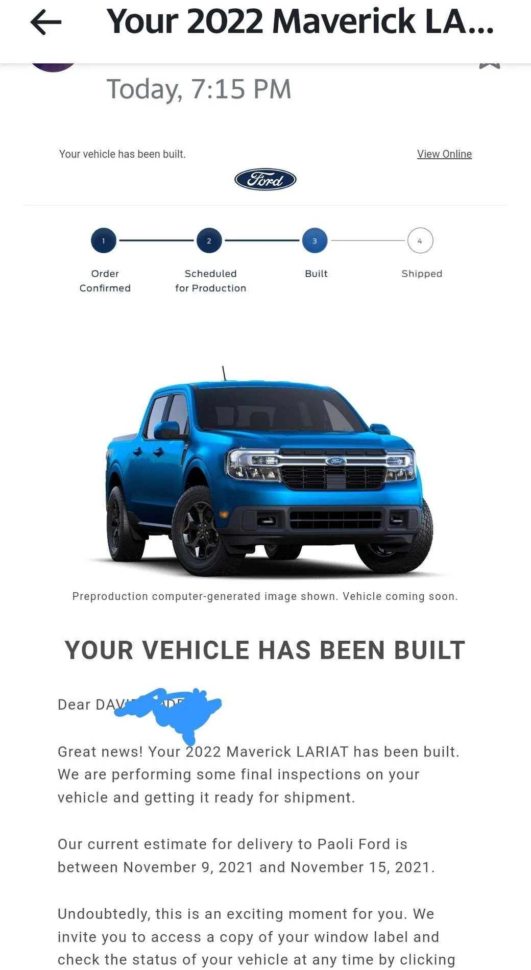 Ford Maverick Anyone with a 10/4 build week getting updates yet? Screenshot_20211011-194035_Yahoo Mail