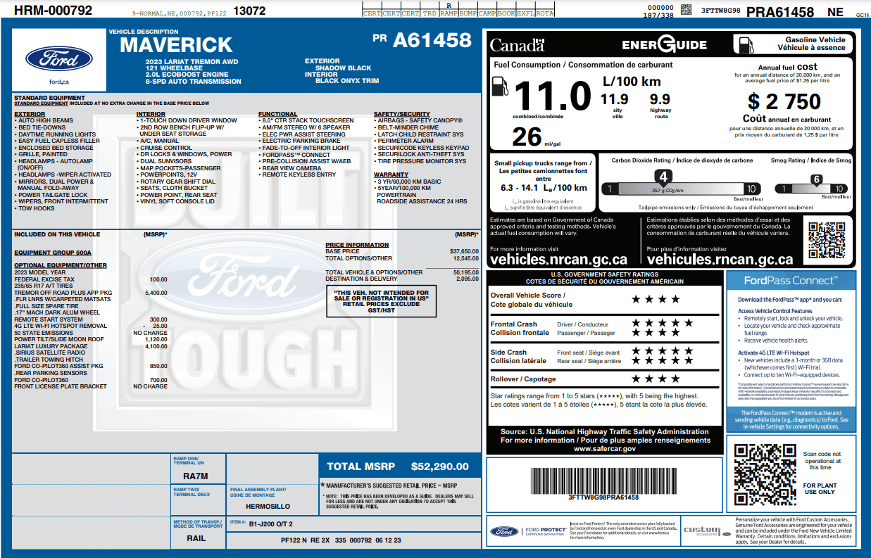 Ford Maverick Incorrect Annual Fuel Cost on Window Stickers? tremor