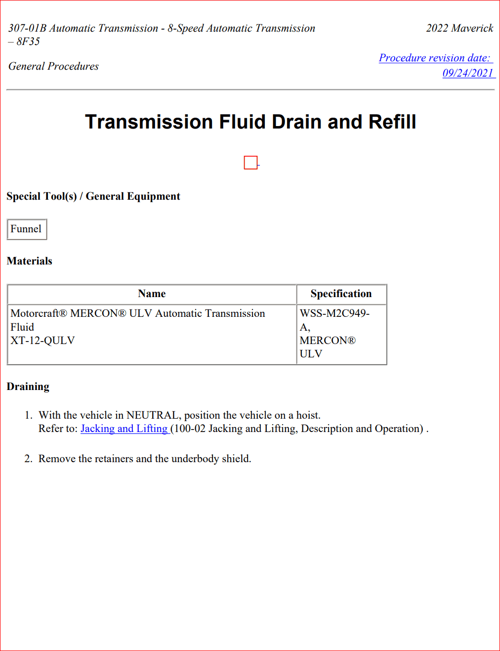 Ford Maverick Transmission fluid check and service, with torque specs (per the Service Manual) 001.PNG