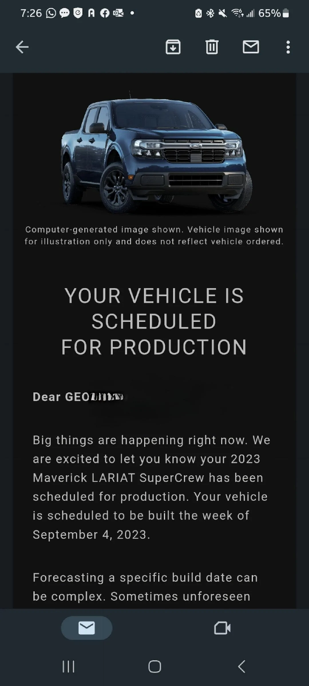 Ford Maverick VEHICLE IS SCHEDULED FOR PRODUCTION EMAIL Screenshot_20230713_192638_Gmail