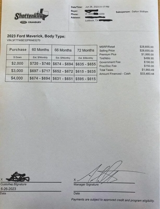 Ford Maverick Recommended Dealer Listing Buyers worksheet- redacted