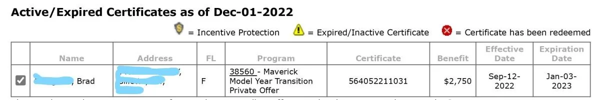 Ford Maverick Ford X plan - costs/fees? Cert number for PO (2)