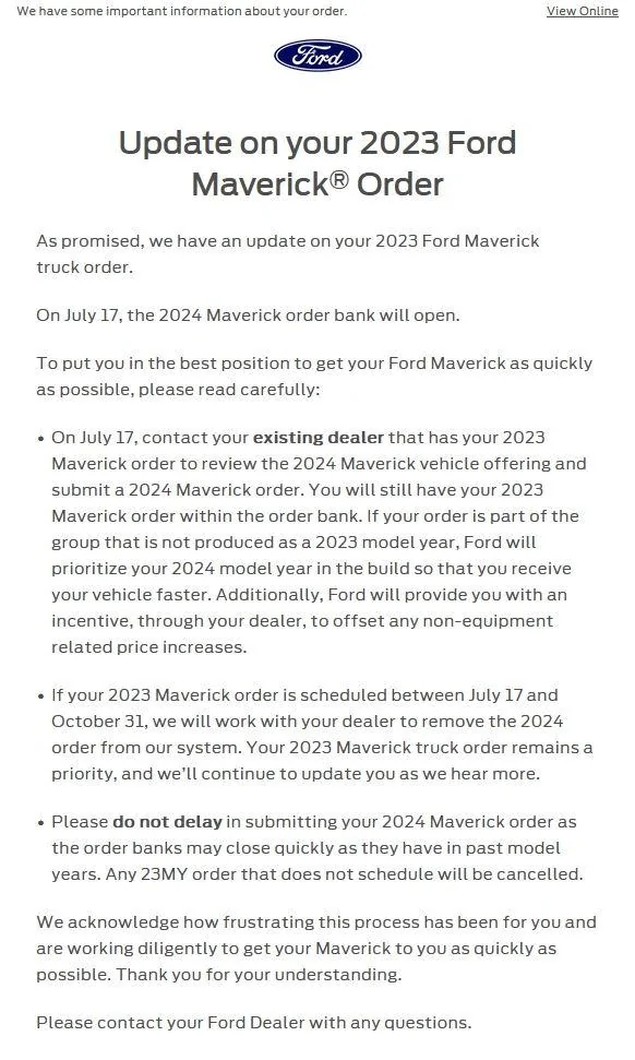 Ford Maverick Questionable wording in Ford's Update Letter for MY23->MY24 Ordering MY23 to MY24 Ford Updat