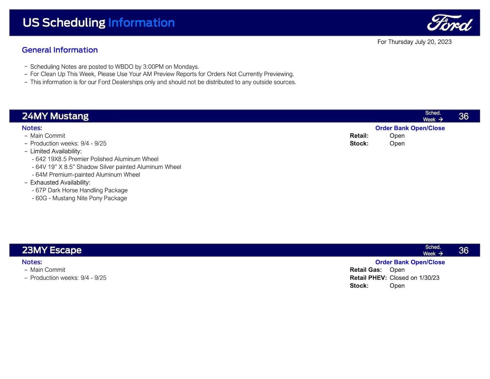 Ford Maverick Maverick Scheduling This Week (7/20/23) for Production Weeks 9/4-10/9 Ford Scheduling Information - 7.17.23-1
