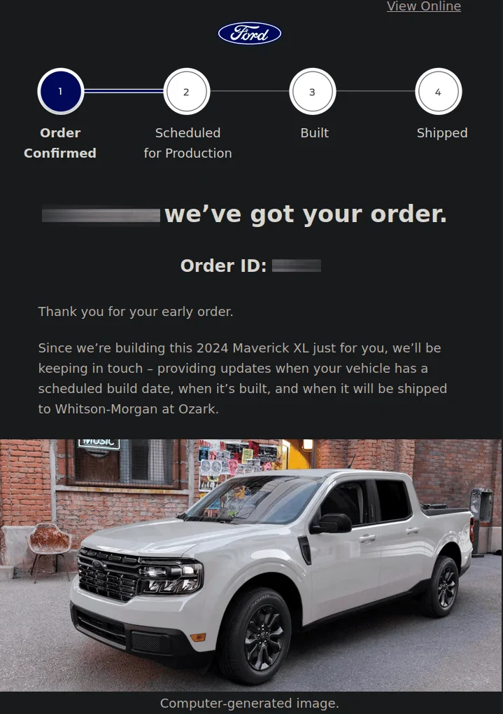 Ford Maverick Who received the 2024 confirmation from Ford? order-confirm