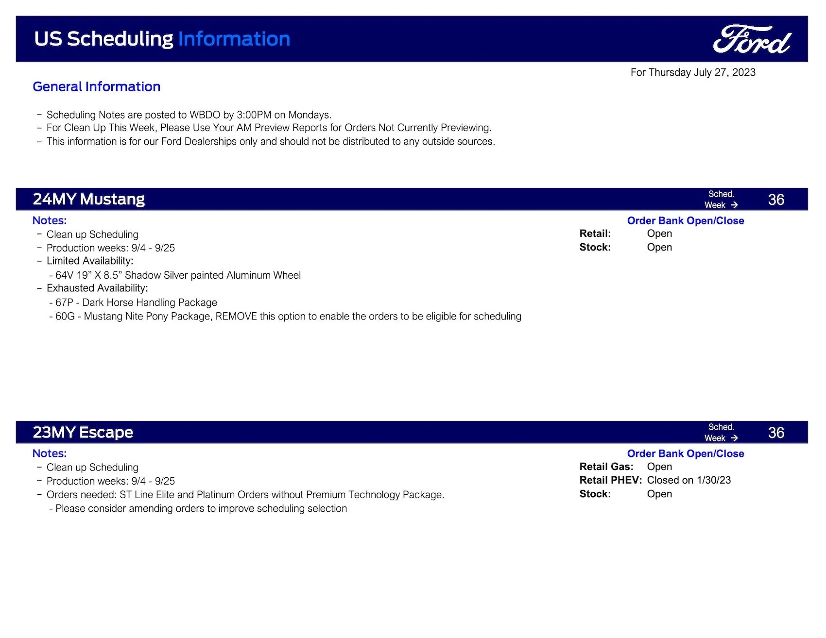 Ford Maverick Maverick Clean-Up Scheduling This Week (7/27/23) for Production Weeks 9/4 - 10/9 Ford Scheduling Information - 7.24.23-1