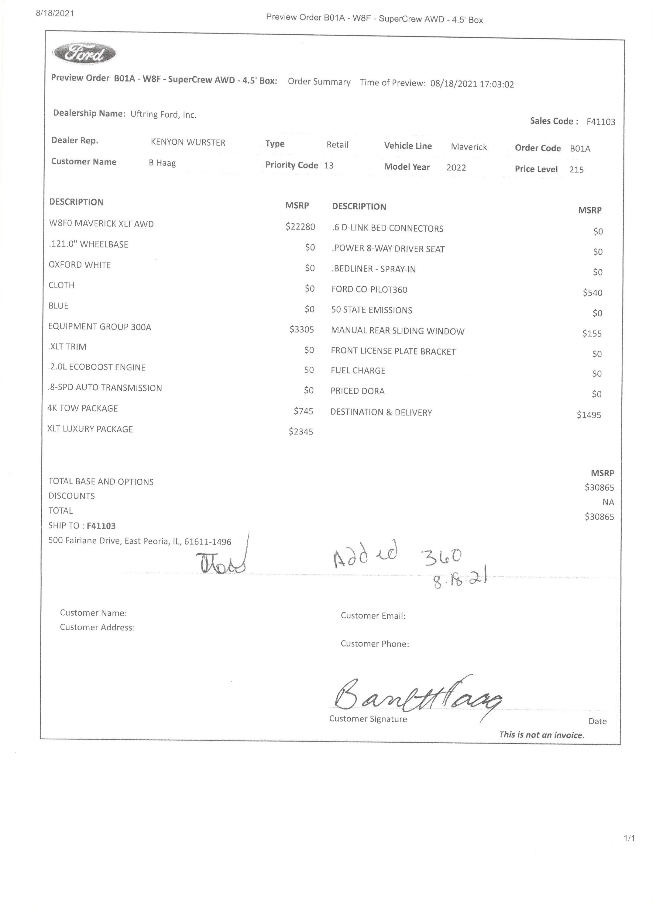 Ford Maverick Never received order confirmation. 8-16-2021 DORA