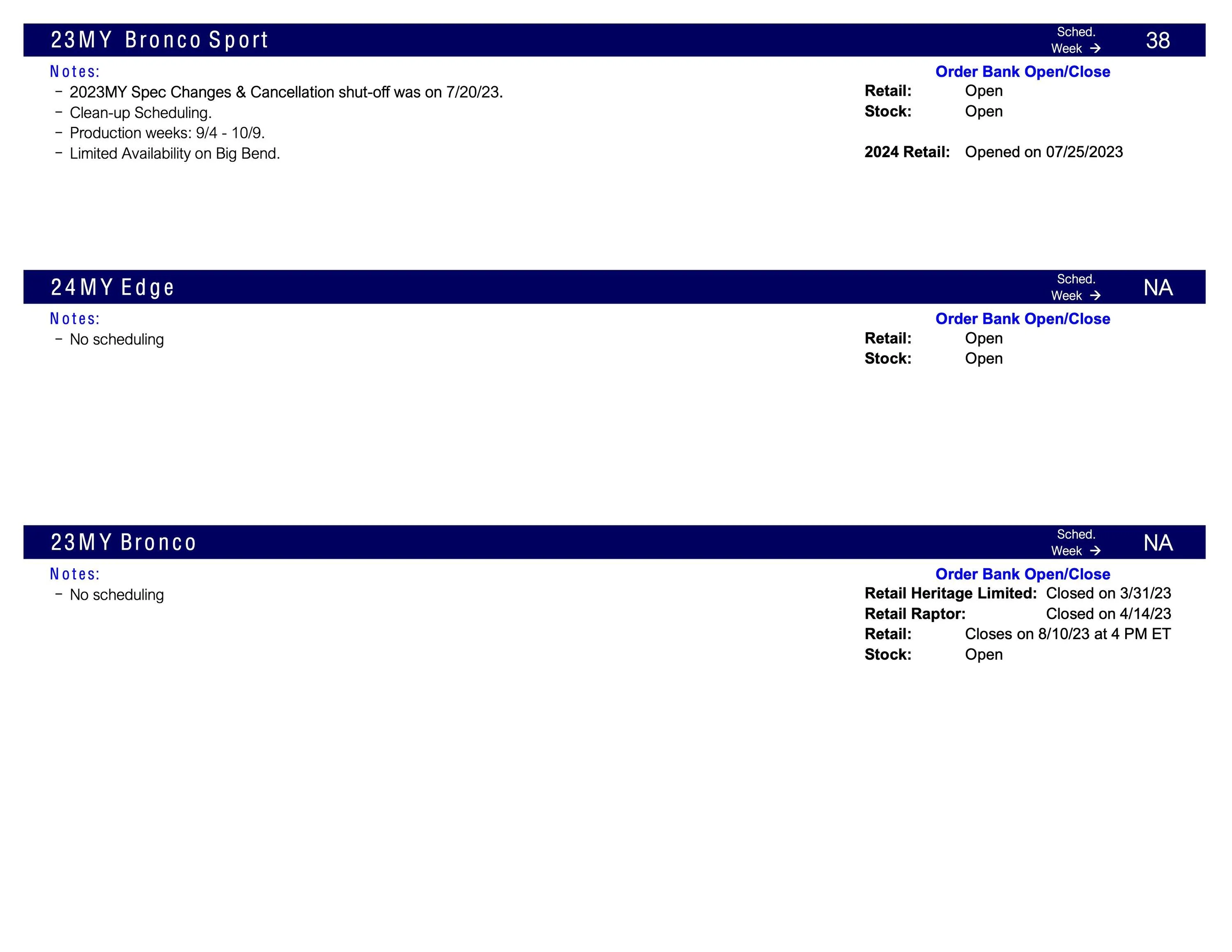 Ford Maverick Maverick Clean Up Scheduling This Week (8/3/23) for Production Weeks 9/4 - 10/9 Scheduling Notes 7.31.23-2