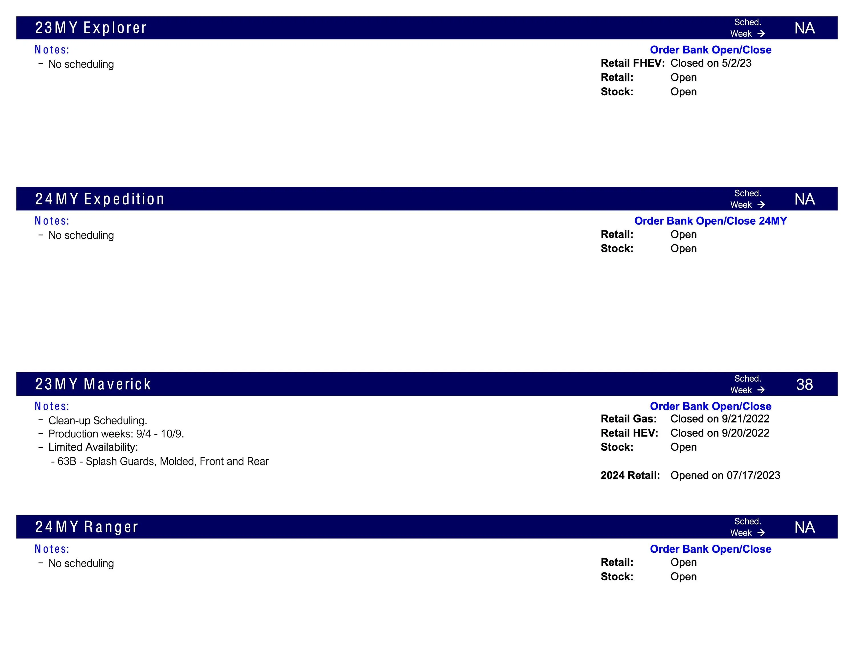 Ford Maverick Maverick Clean Up Scheduling This Week (8/3/23) for Production Weeks 9/4 - 10/9 Scheduling Notes 7.31.23-3