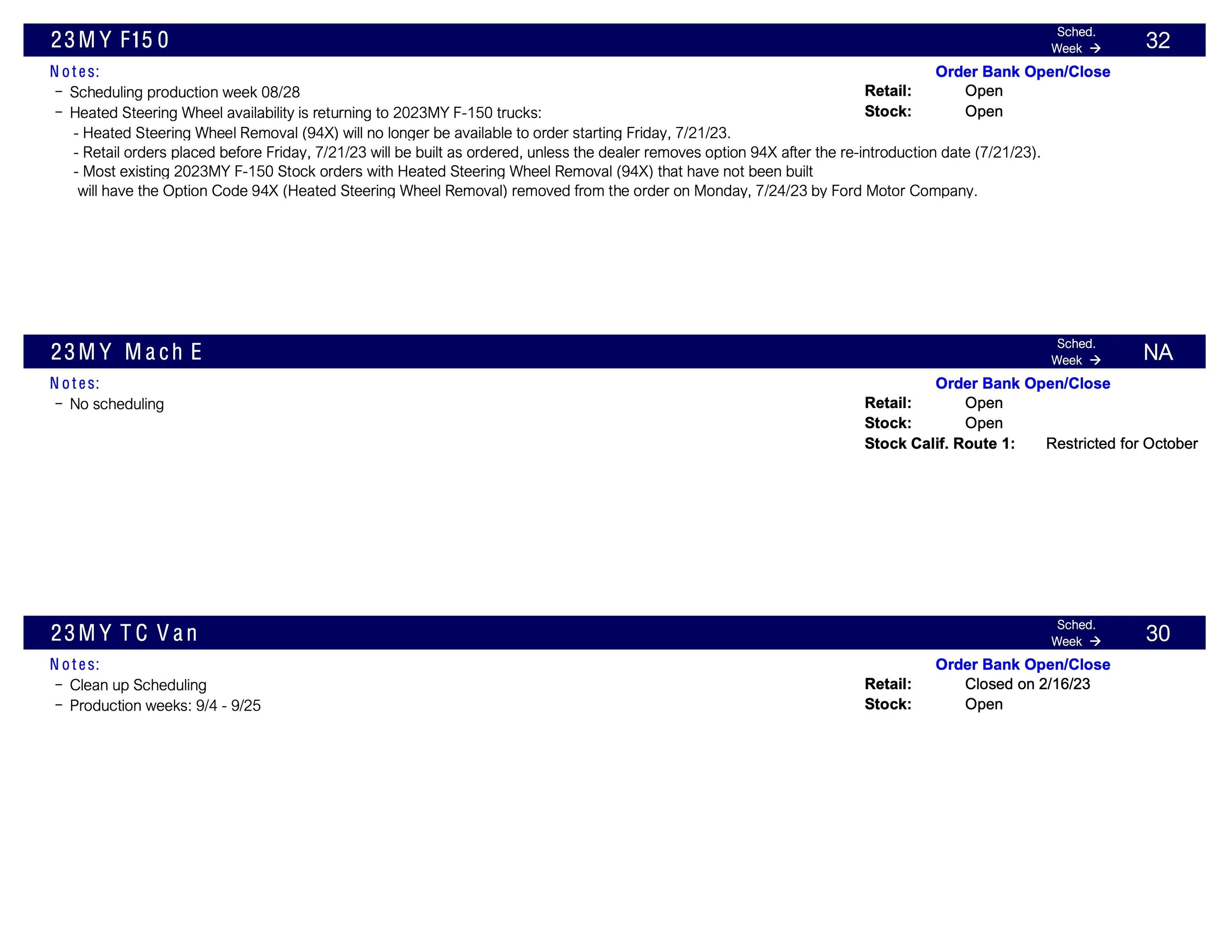 Ford Maverick Maverick Clean Up Scheduling This Week (8/3/23) for Production Weeks 9/4 - 10/9 Scheduling Notes 7.31.23-5