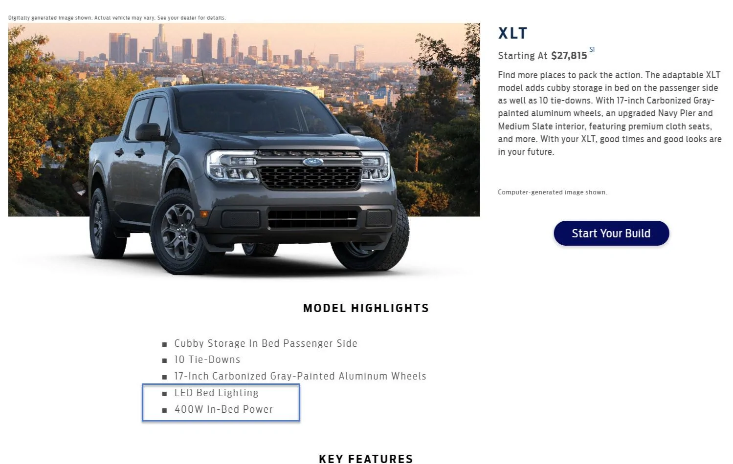 Ford Maverick XLT Details show LED Bed Lighting, 400w - is this correct? FordMavBuildandPric
