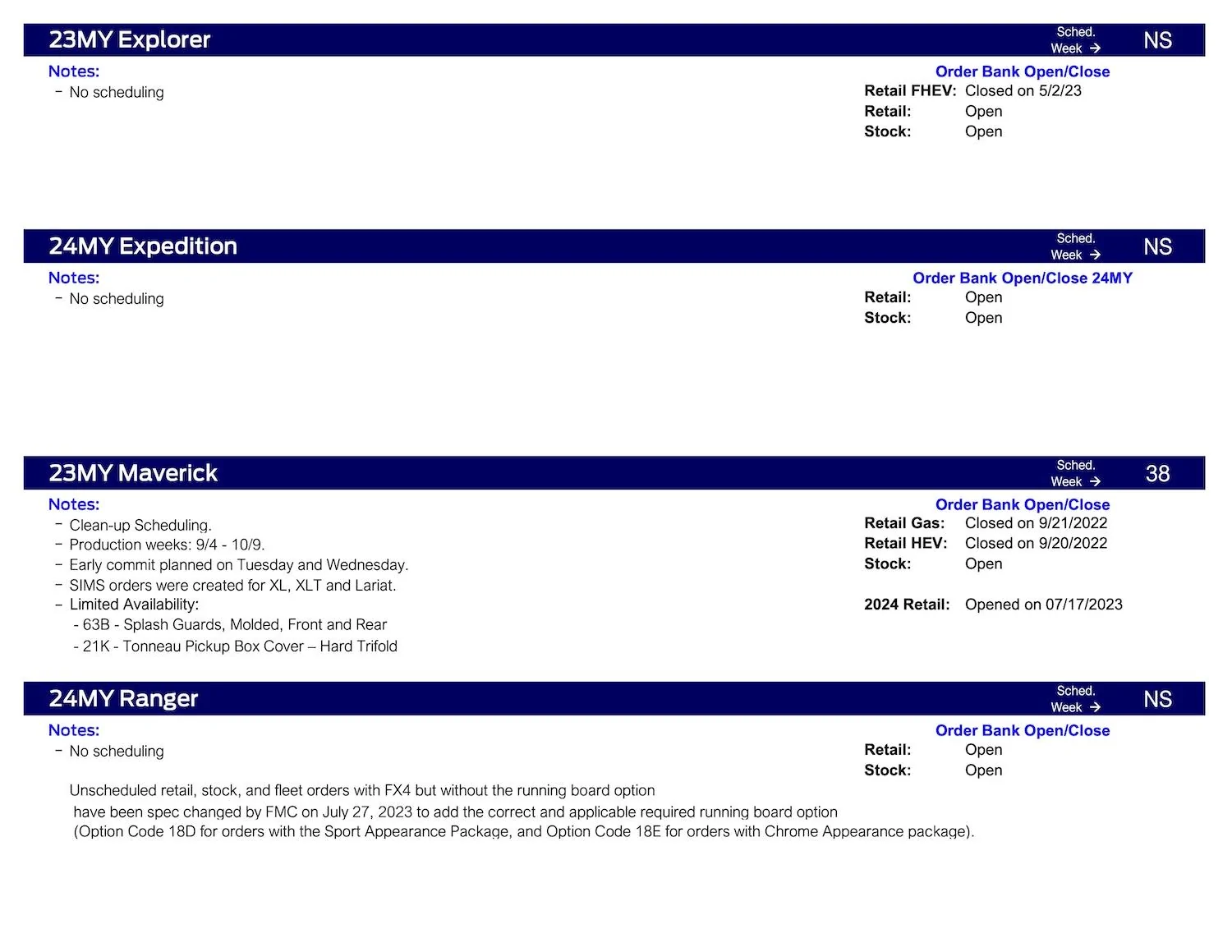 Ford Maverick Maverick Clean Up Scheduling This Week (8/10/23) for Production Weeks 9/4 - 10/9 Ford Scheduling Notes 8.7.23-3