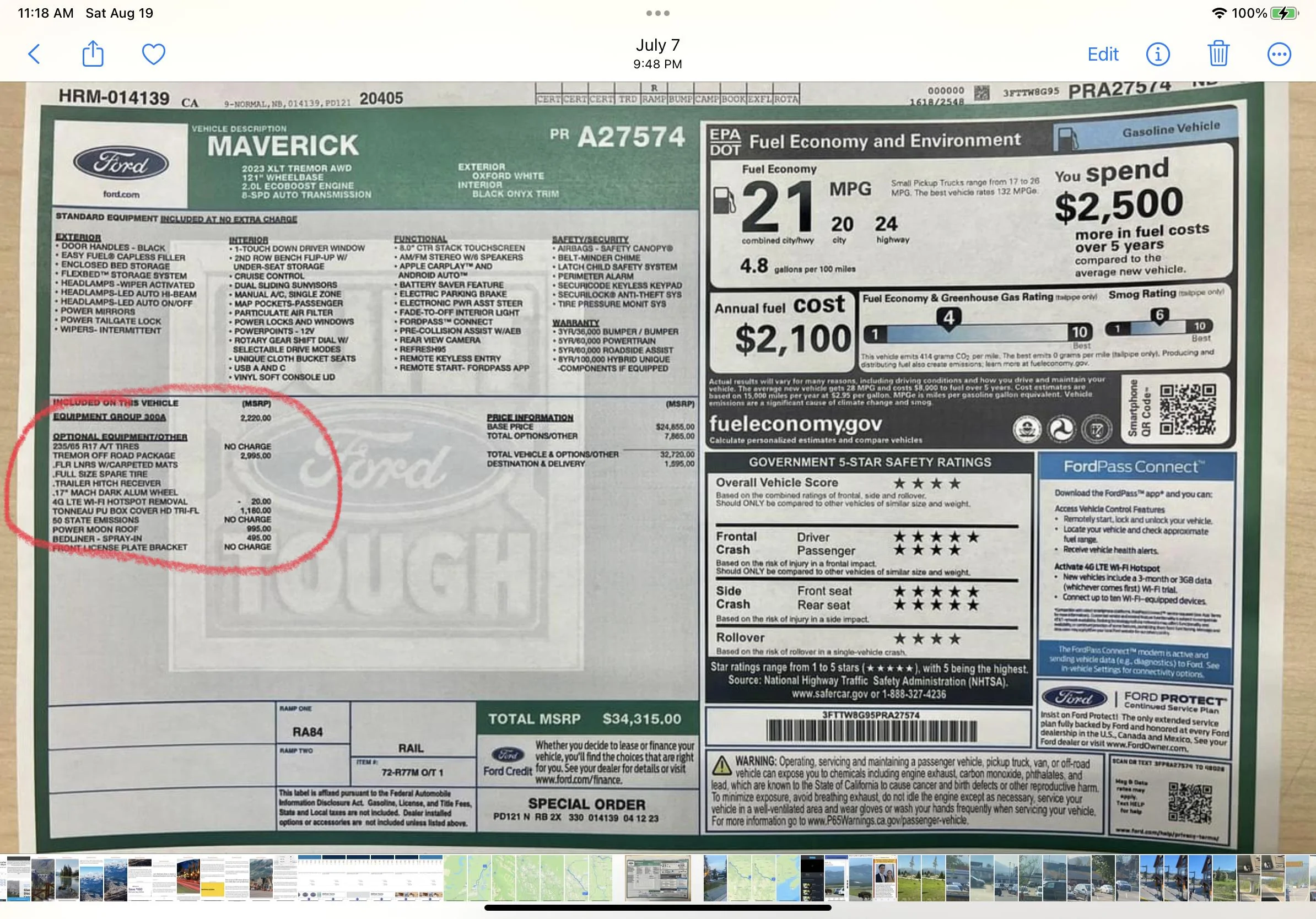 Ford Maverick Maverick Window Sticker Excludes Tire Information IMG_3828