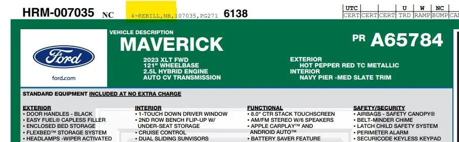 Ford Maverick STICKER HELP - why does mine say Rebill vs New? rebill