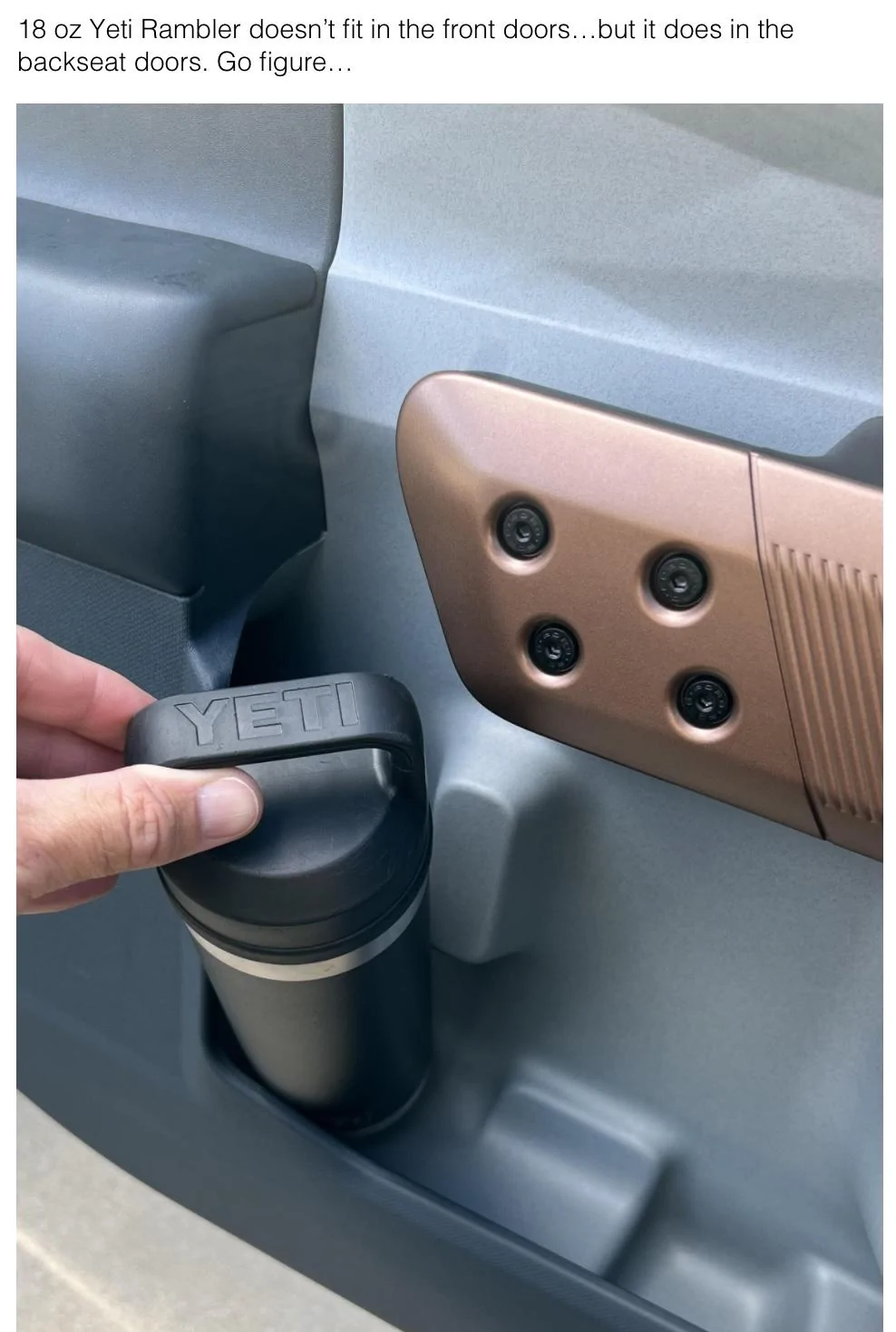 Ford Maverick Front door cupholders LOL - 18oz Yeti Rambler doesn't fit in front doors but does in backseat doors Screen Shot 2021-10-15 at 12.44.53 PM