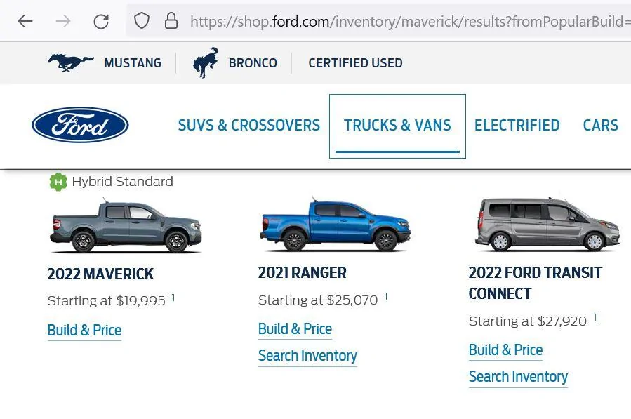 Ford Maverick Ford.com change? maverick search inventory