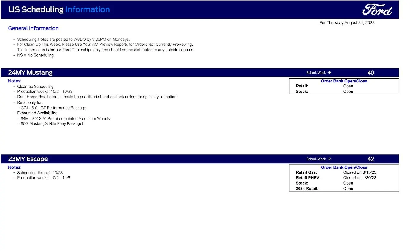Ford Maverick 2024 Maverick Clean-up Commit Scheduling This Week (8/31/23) for Production Weeks 10/16-10/30 Ford Scheduling Notes - 8.28.23-1