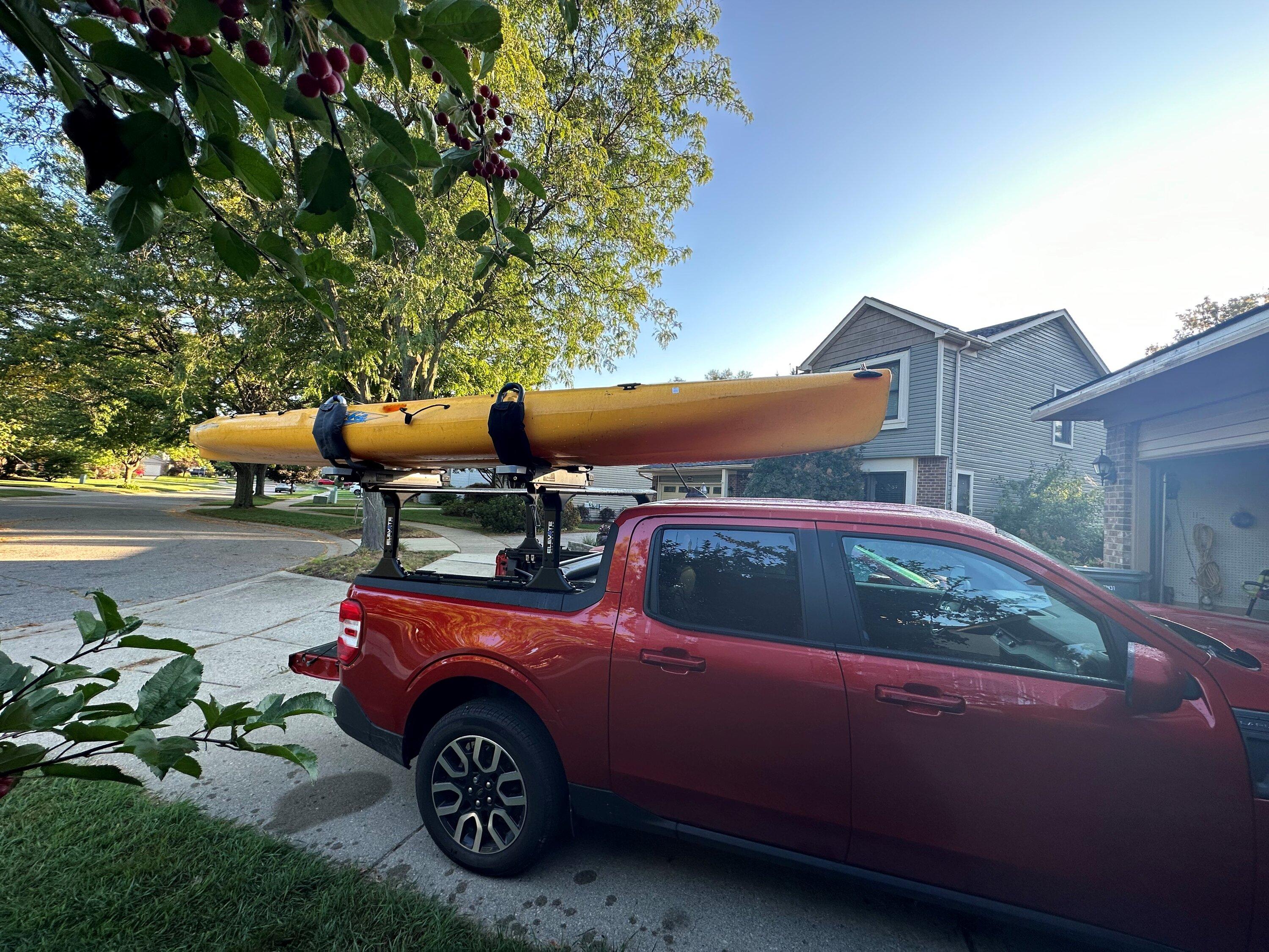 Ford Maverick Hauling a kayak on Maverick with Elevate Rack System kayak2