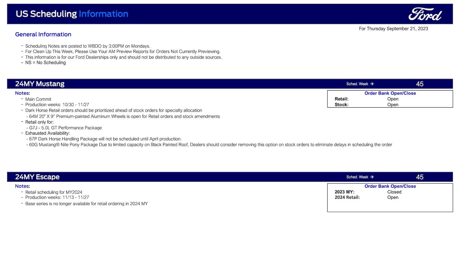 Ford Maverick Maverick Main Commit Scheduling This Week (9/21/23) for Production Weeks 11/06 - 11/27 Ford Scheduling Notes - 9.18.23-1