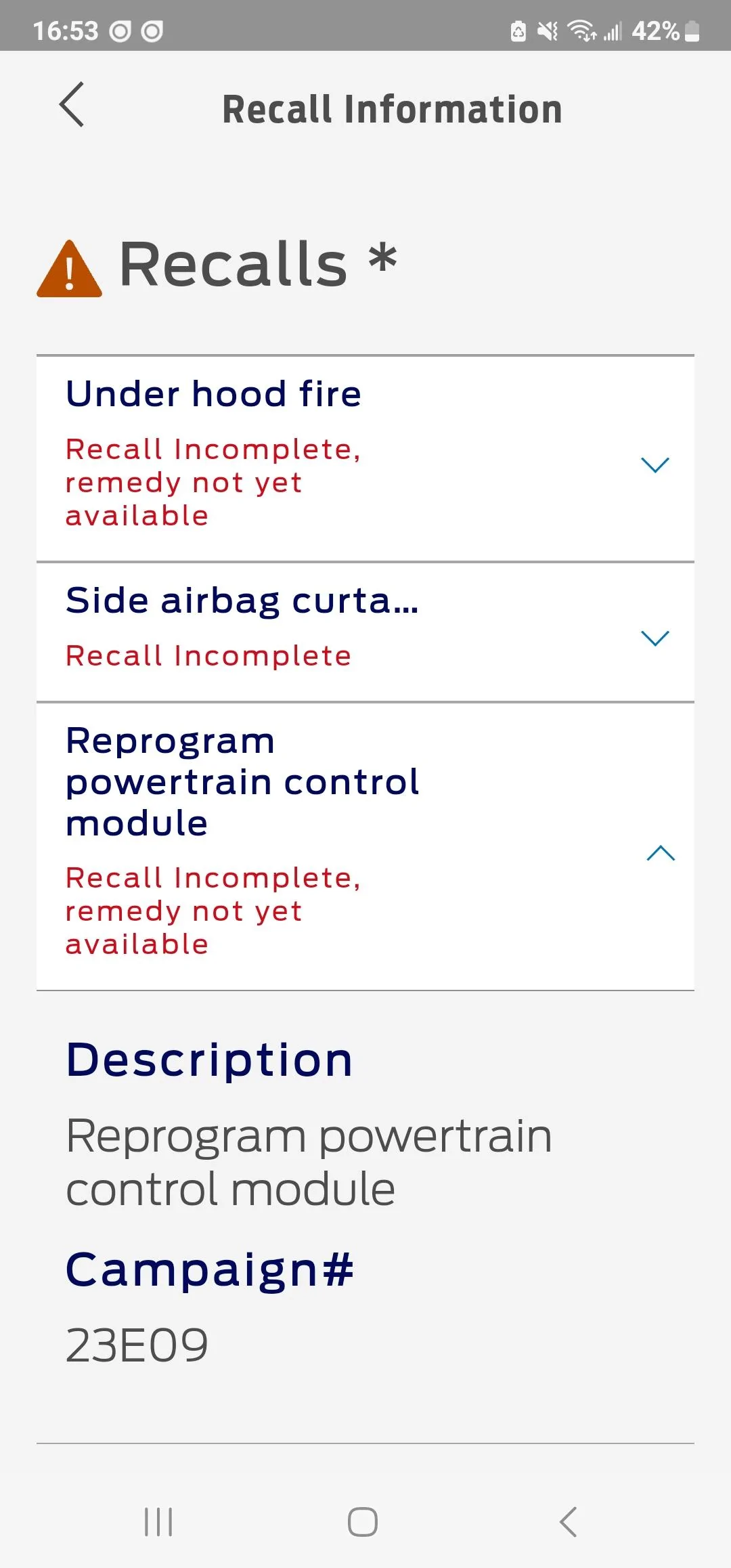 Ford Maverick 2023 Maverick Emissions Recall 23E09 (Air/Fuel Enrichment Calibration) - New Vehicle Delivery Hold Screenshot_20230921_165337_FordPass