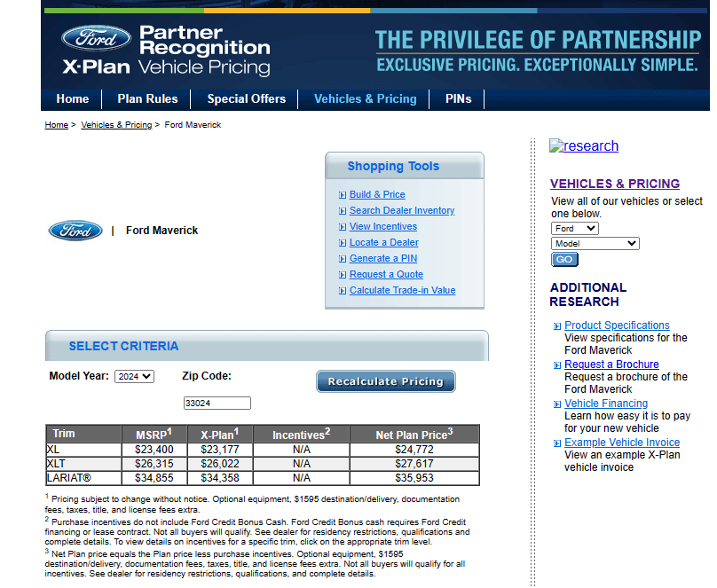 Ford Maverick What's the value of the X Plan? zip code