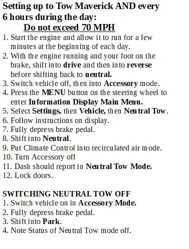 Ford Maverick Neutral tow mode - HELP! tow card - no brake buddy