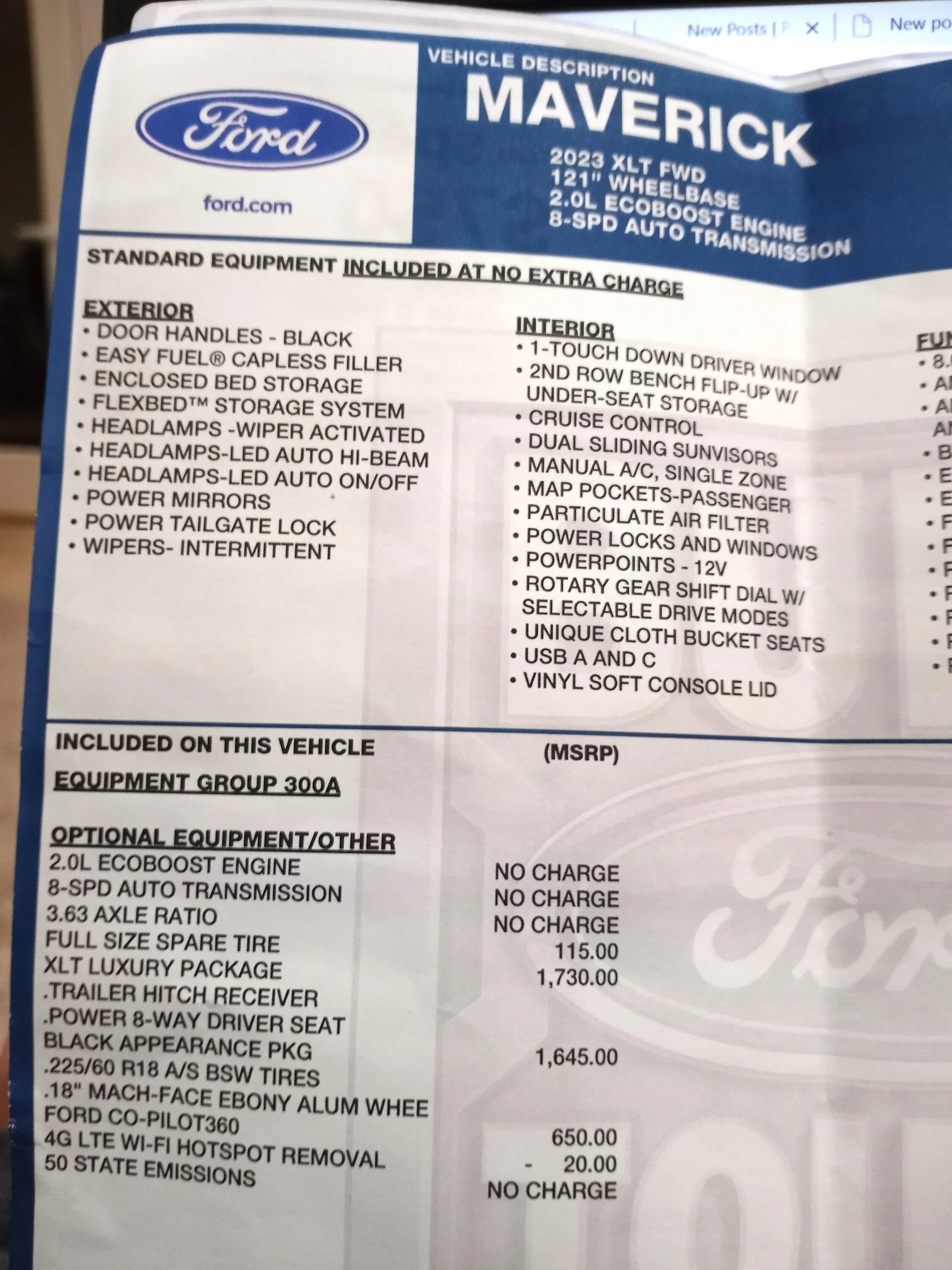Ford Maverick New 2023 Maverick XLT with Ford Co-Pilot 360 Not Working ? Maverick Window Sticker