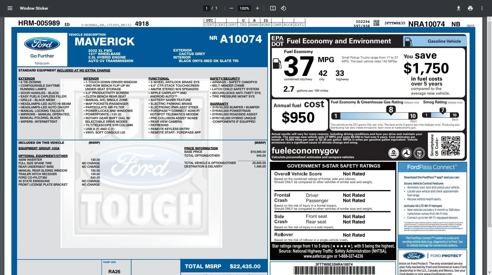 Ford Maverick 🚨My Hybrid Maverick window sticker with MPG!! 37 combined / 42 city / 33 highway 2022 hybrid maverick mpg window sticker