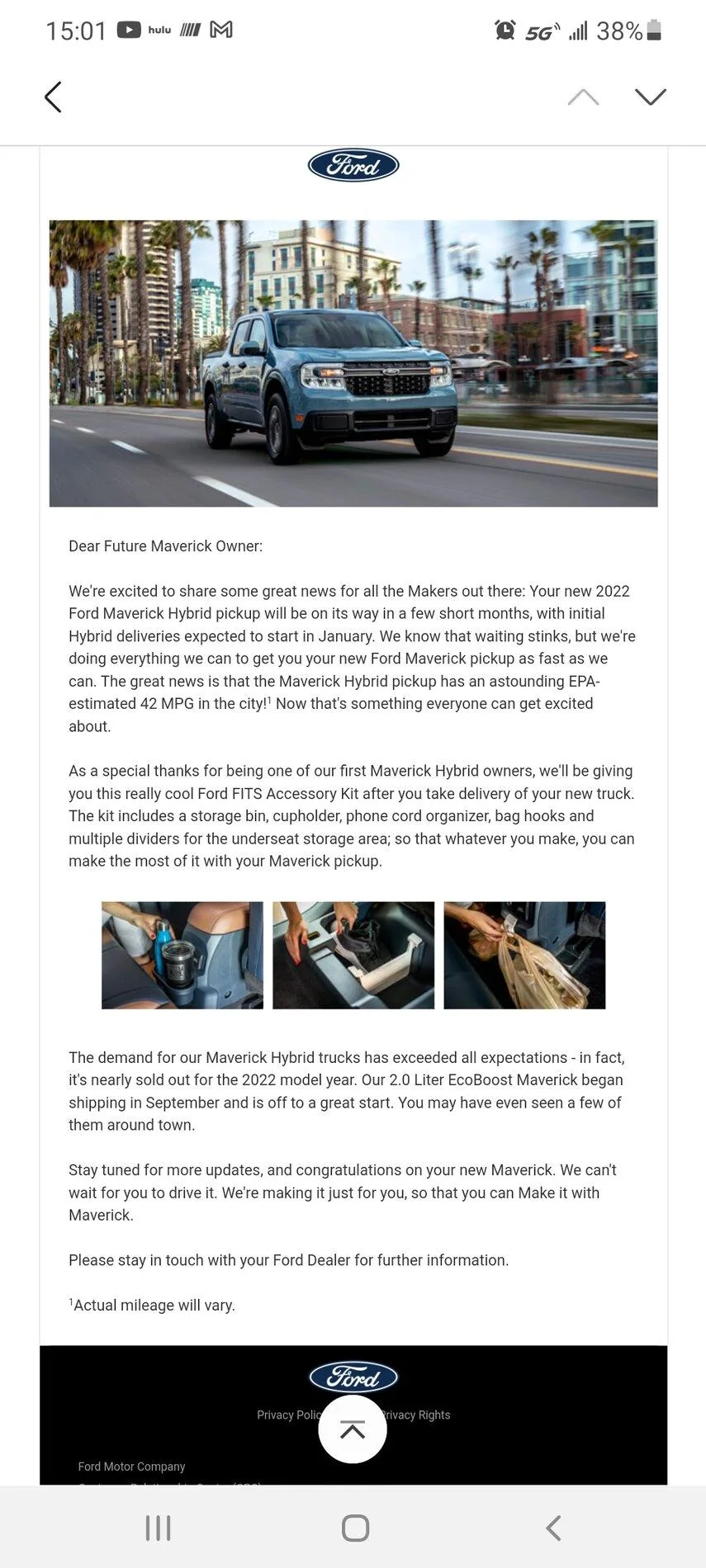 Ford Maverick Ford Letter to Hybrid Order Holders -- nearly sold out for 2022 + free FITS Accessory Kit Screenshot_20211021-150159_Email