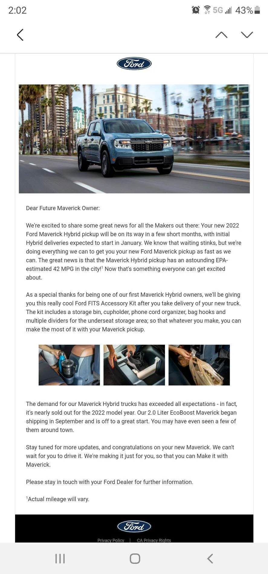 Ford Maverick Ford Letter to Hybrid Order Holders -- nearly sold out for 2022 + free FITS Accessory Kit Screenshot_20211021-140228_Email