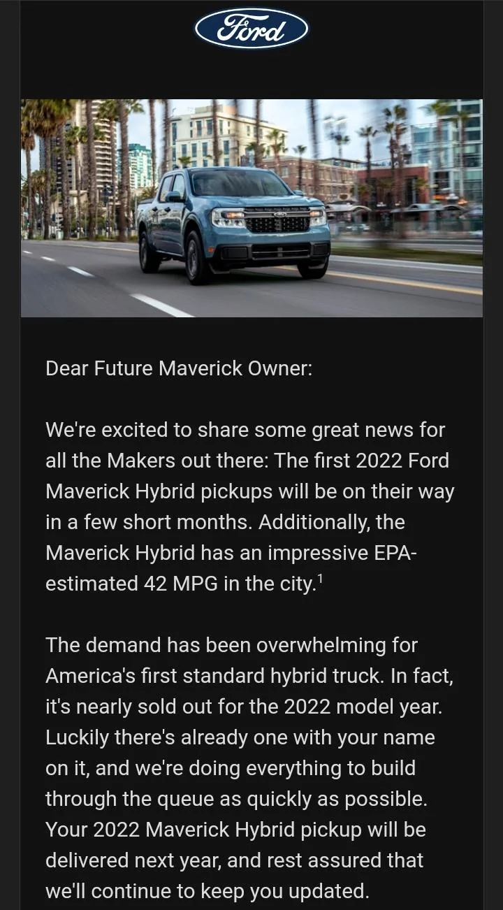 Ford Maverick Ford Letter to Hybrid Order Holders -- nearly sold out for 2022 + free FITS Accessory Kit Screenshot_20211021-214847_Gmail