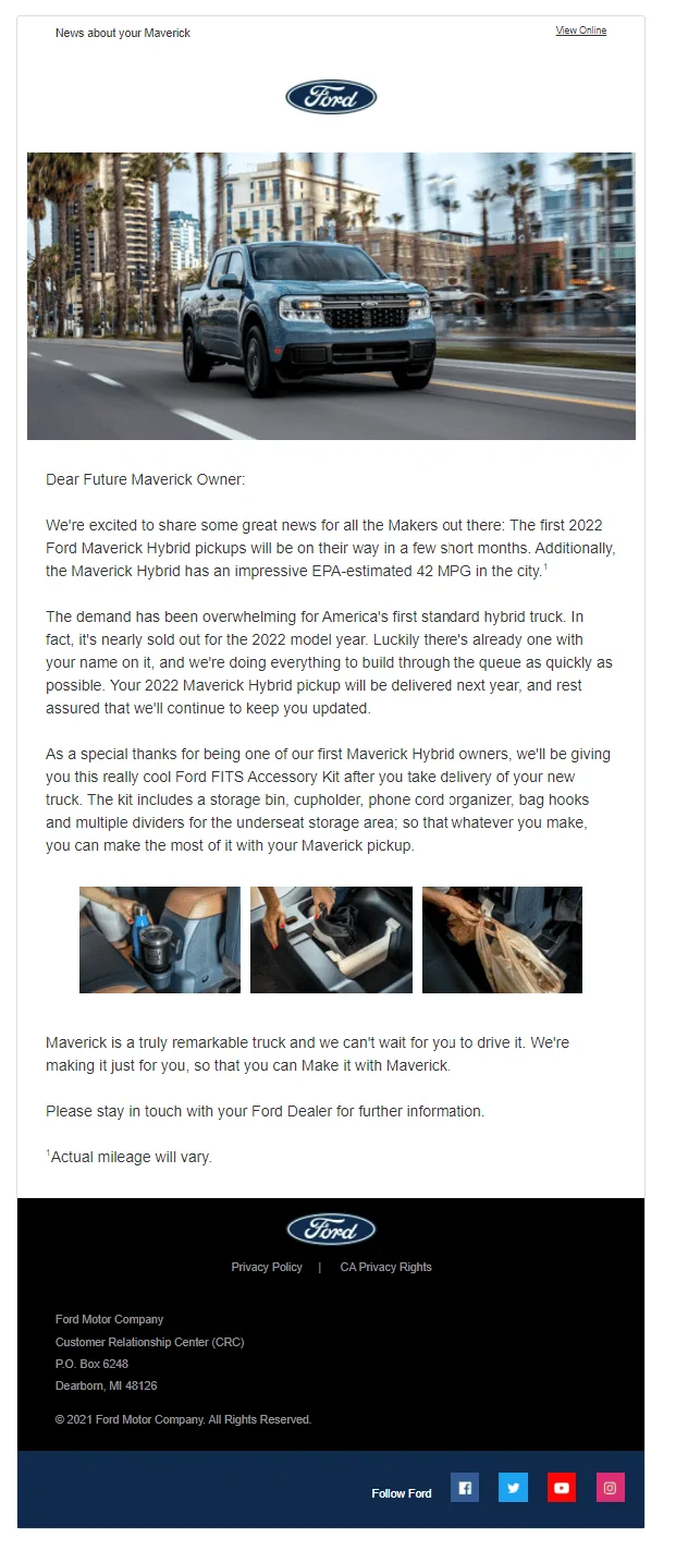 Ford Maverick Ford Letter to Hybrid Order Holders -- nearly sold out for 2022 + free FITS Accessory Kit 1634914449277