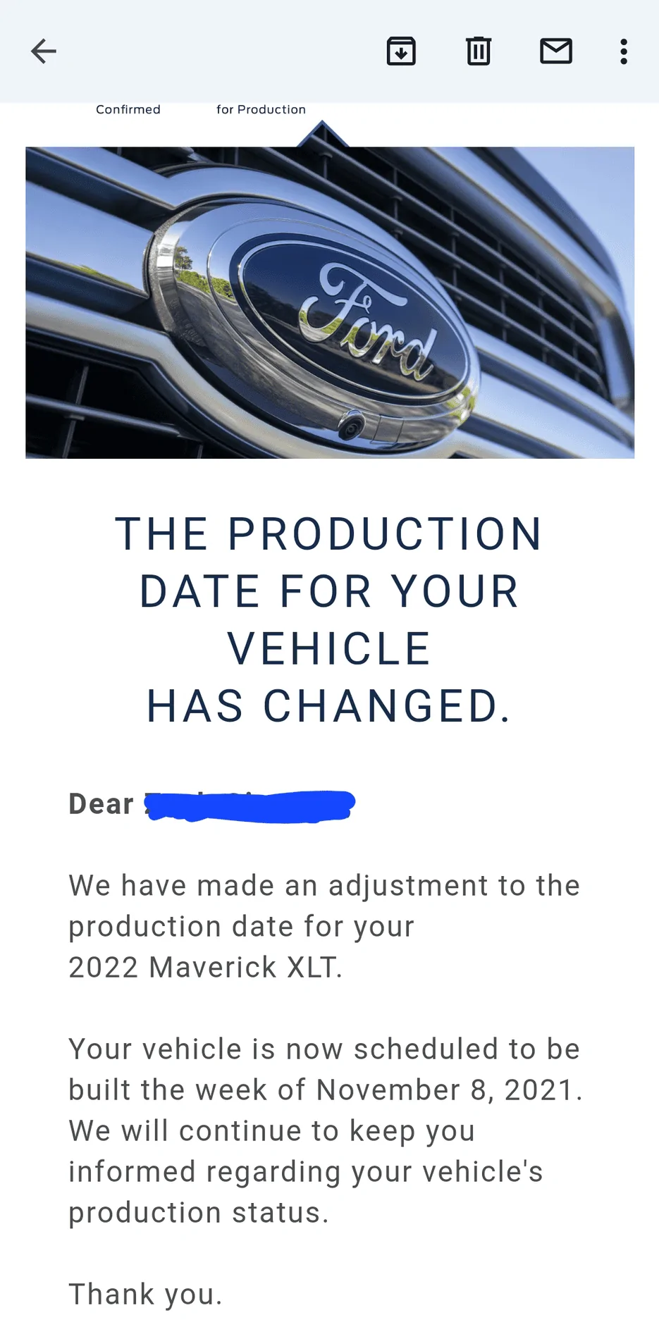 Ford Maverick Production delayed Email Screenshot_20211025-092805_Gmail