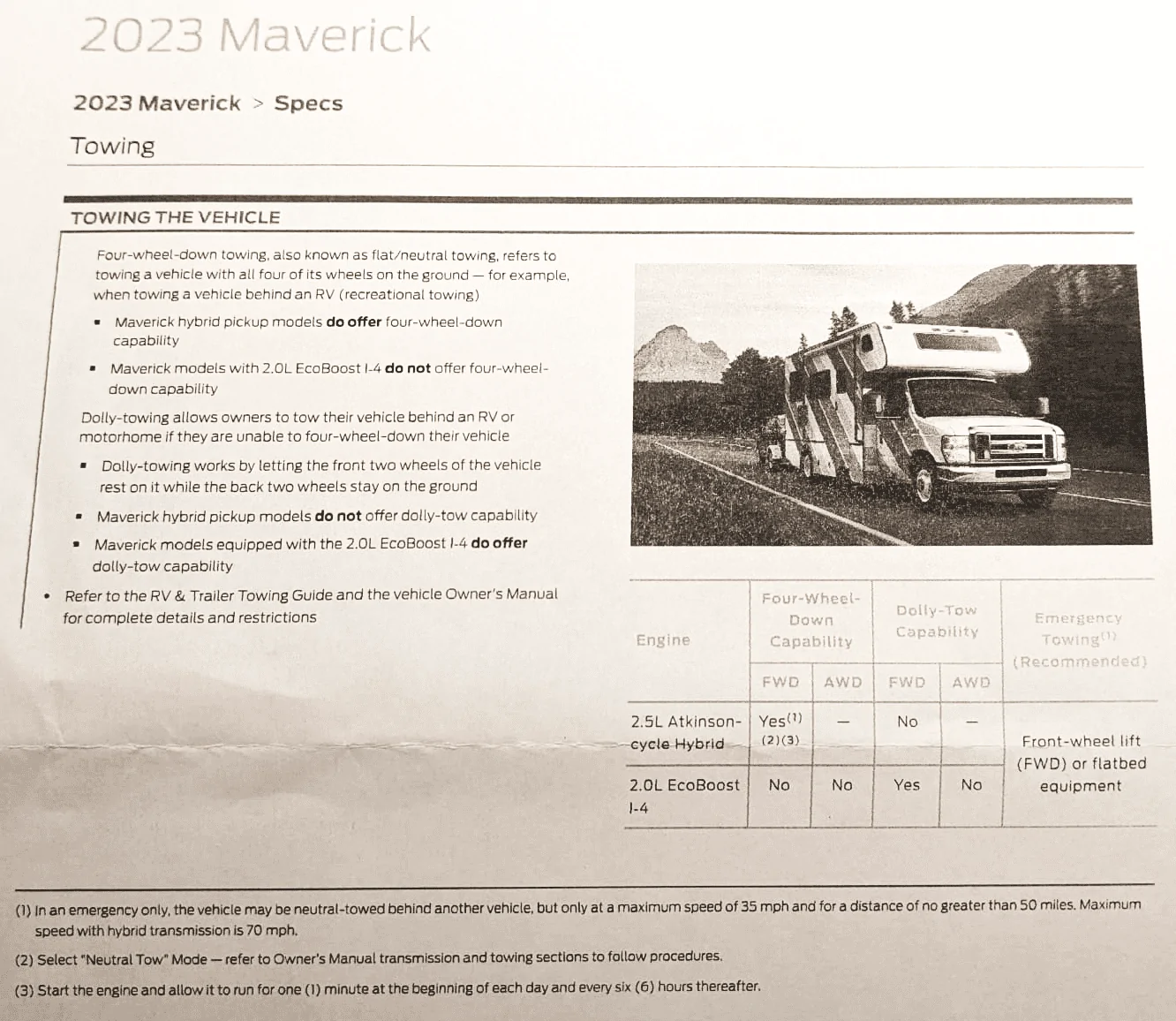Ford Maverick Conflicting information about "Dolly" towing a 2023 FWD Hybrid. 1699369900033