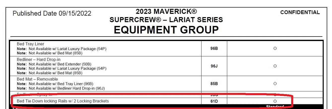 Ford Maverick Equipment Group 500A bed rail missing 23 Mav Lariat bed rails