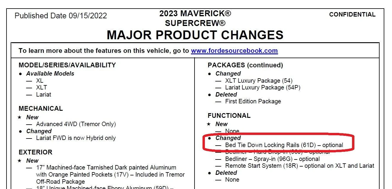 Ford Maverick Equipment Group 500A bed rail missing 23 Mav bed rails