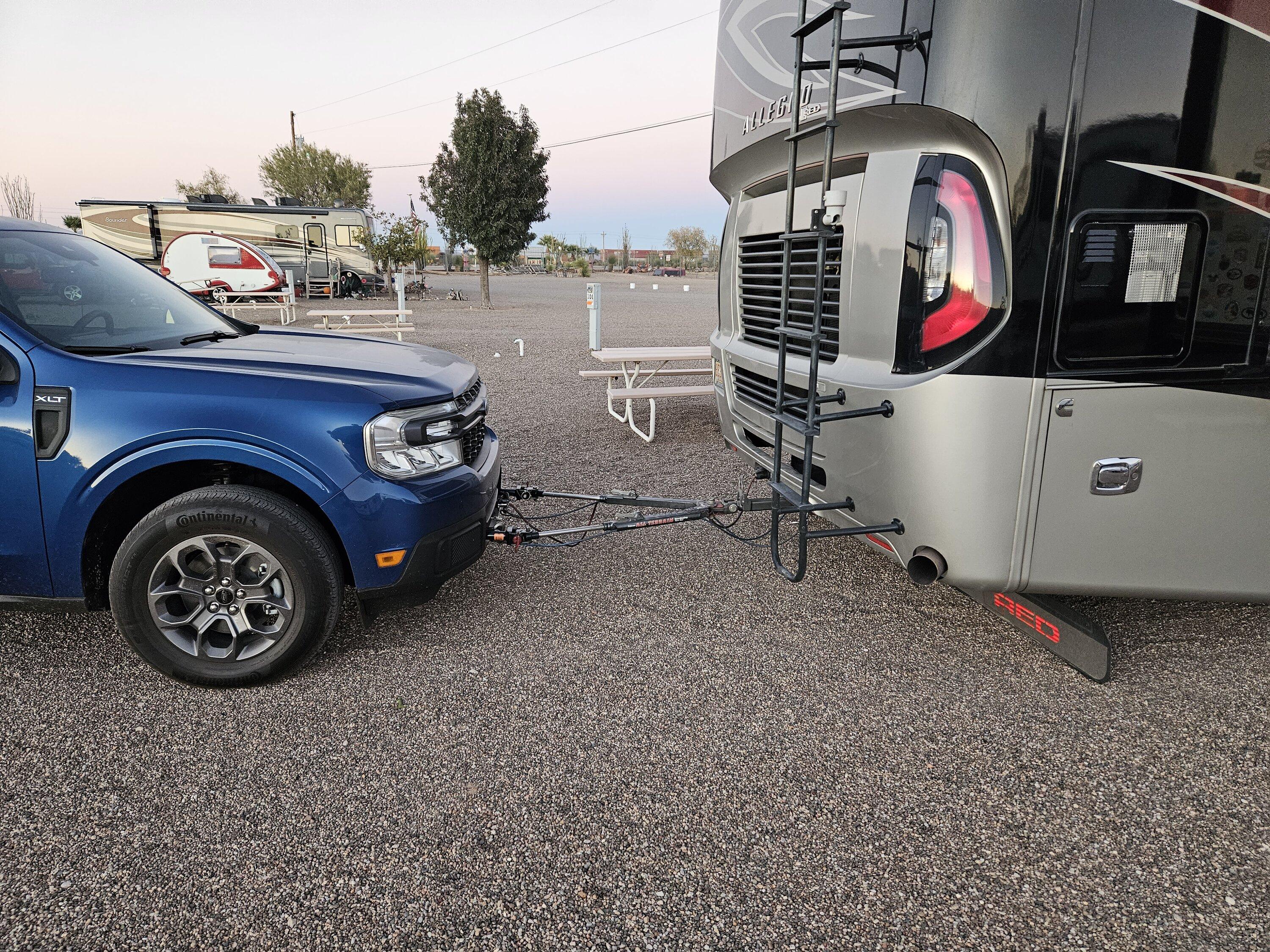 Ford Maverick 1st Trip Completed MH @ 81 Palms RV Park - tow bar 01